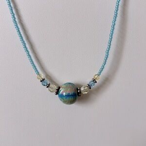 Lampwork Glass Bead Necklace with‎ Swarovski Crystal Accents Handmade